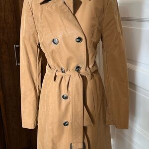 Women's Black Rivet Double-Breasted Caramel Colored *Nubuck Sueded* Trench Coat